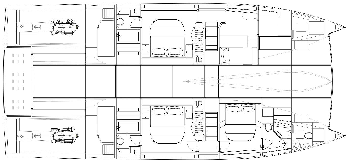 Lower deck - 3 cabin layout with office in master cabin